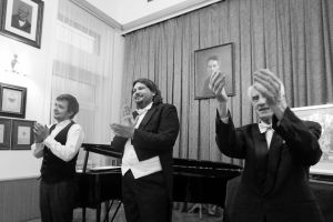 1208th Liszt Evening, Music and Literature Club in Wrocław, 13rd May 2016. Jerzy Owczarz and Rafal Majzner thank the professors present at the Hall - Zbigniew Faryniarz and Eugeniusz Sasiadek, under whose guidance they had finished higher studies at the Music Academies in Wroclaw and Katowice. Photo by Andrzej Solnica.